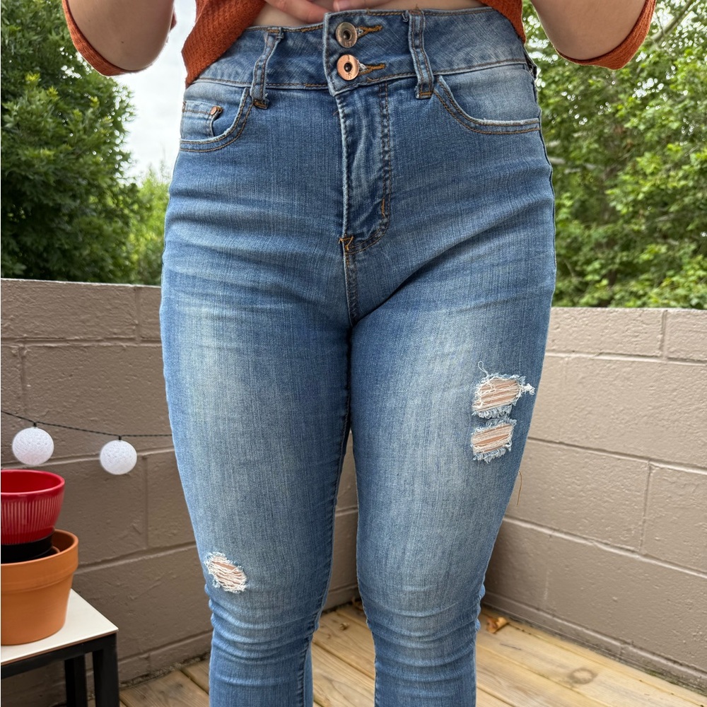 Blue High-Rise Skinny Distressed Jeans